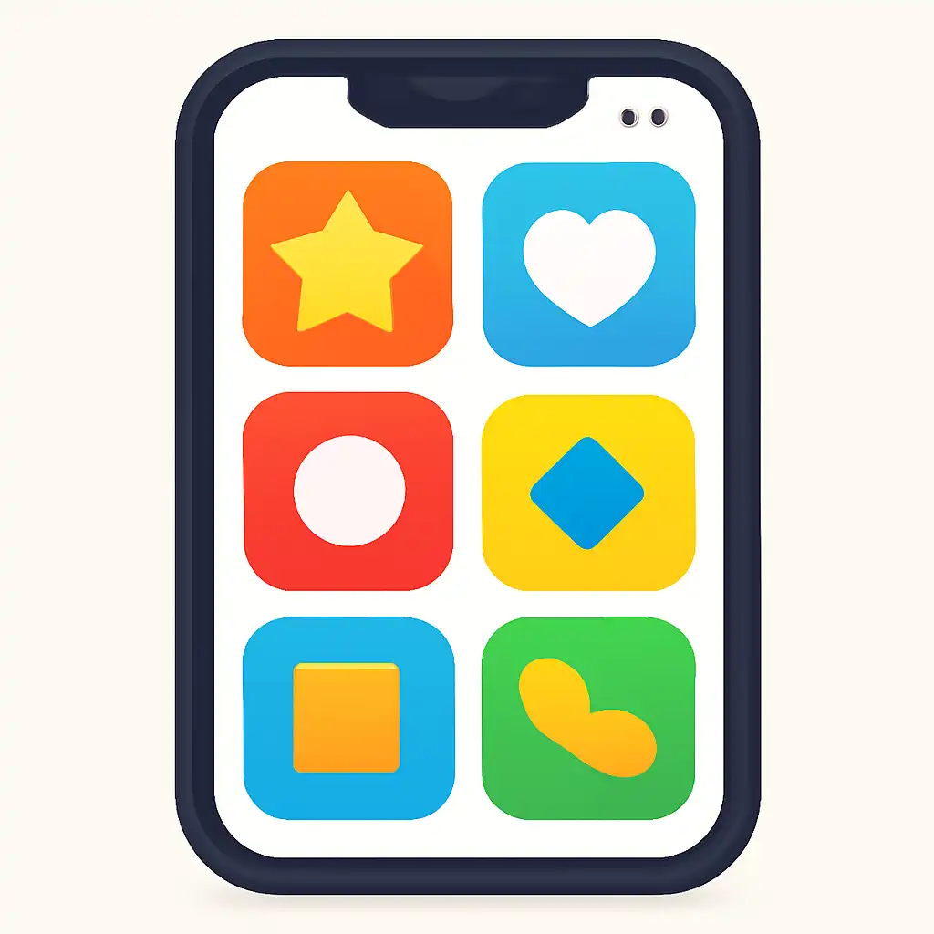 Smartphone shown from the front displaying a colourful flat layout of abstract game icons and rounded tiles (no text, no letters, no labels), Tiranga Lottery