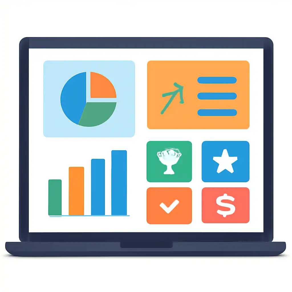 Laptop shown from the front displaying a colourful flat dashboard of abstract charts, bars and icon tiles (no text, no letters, no labels), Tiranga Lottery