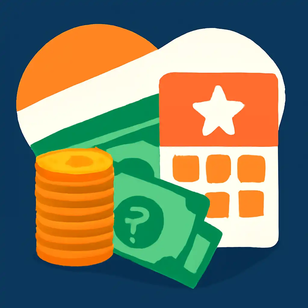 Coins stack and rupee notes: Tiranga Lottery earnings illustration