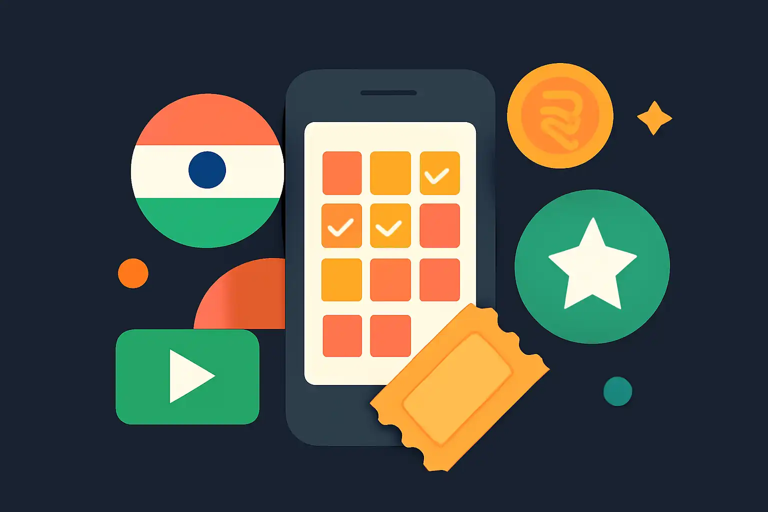 Hero illustration: Tiranga Lottery, modern flat design, dark background, brand-neutral, icons and shapes only, no text