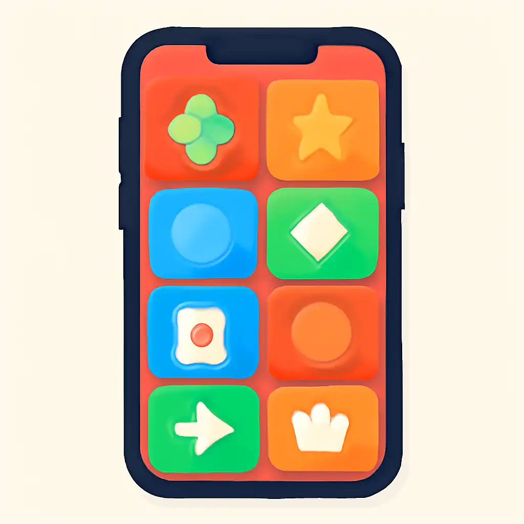 Smartphone shown from the front displaying a colourful flat layout of abstract game icons and rounded tiles (no text, no letters, no labels), Tiranga Lottery