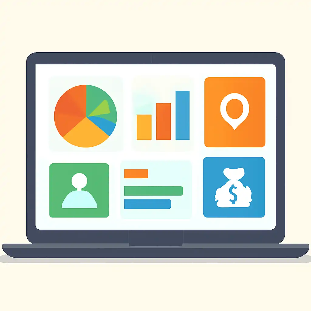Laptop shown from the front displaying a colourful flat dashboard of abstract charts, bars and icon tiles (no text, no letters, no labels), Tiranga Lottery
