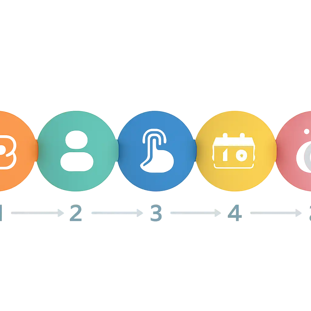 Five numbered circular icons connected by arrows in a horizontal flow, flat illustration, icons only, no words, Tiranga Lottery steps